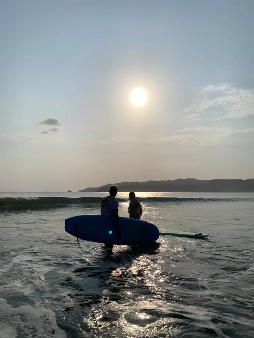 Carrying a surfboard into the ocean at sunset