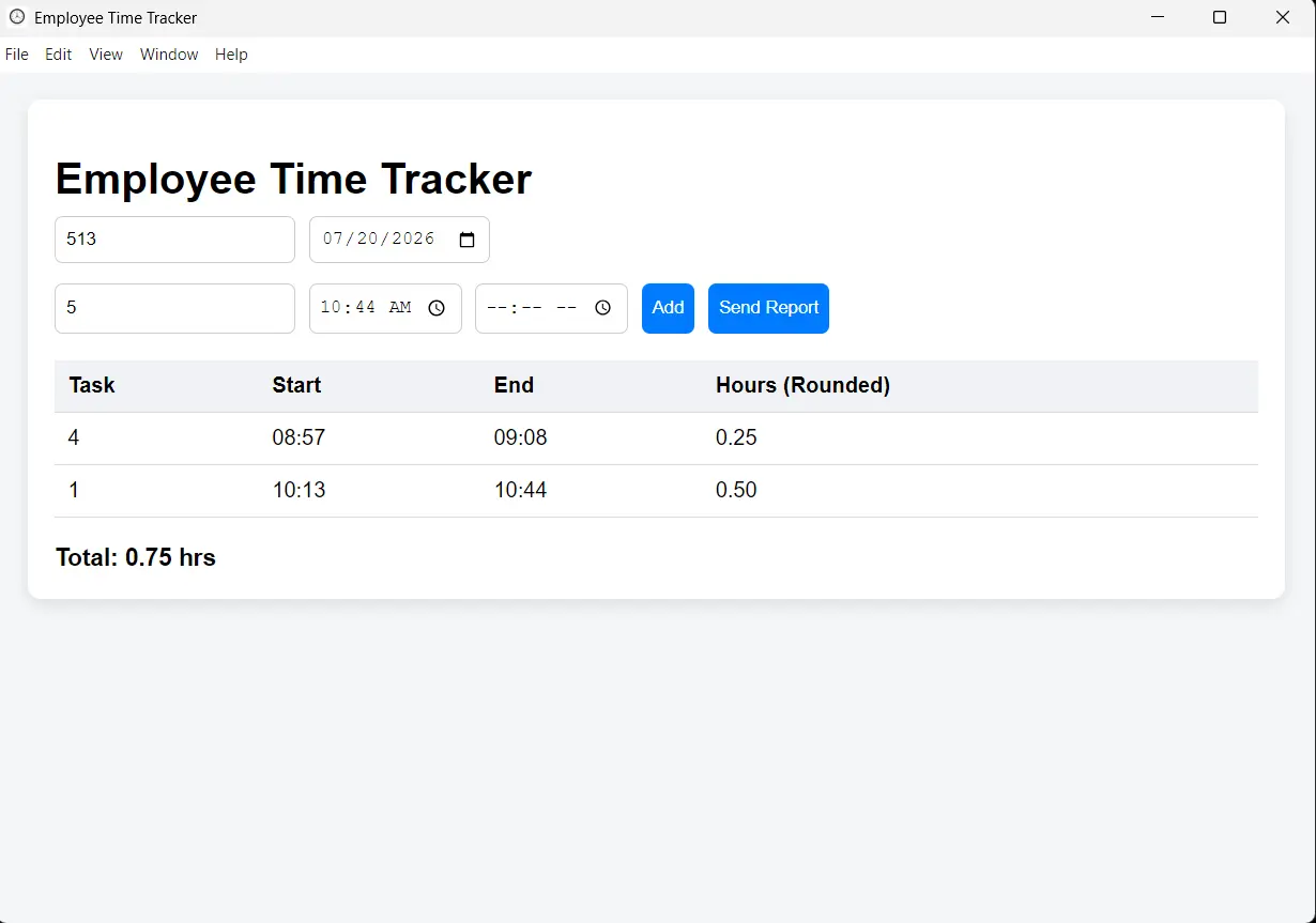 Employee Time Tracker desktop app interface